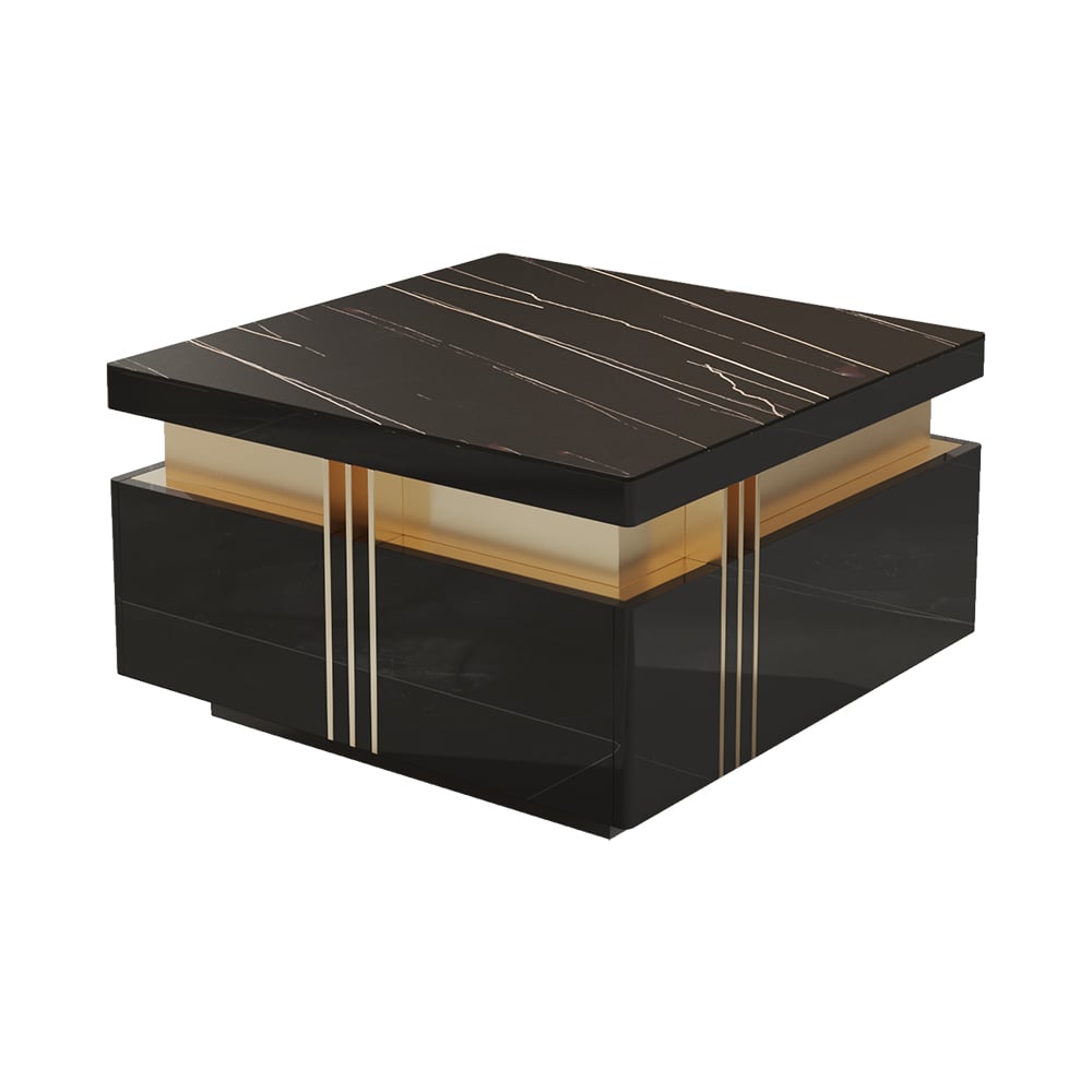 Trimied 700mm Modern Black Square Storage Coffee Table Stone Top & 4 Wood Drawers - 