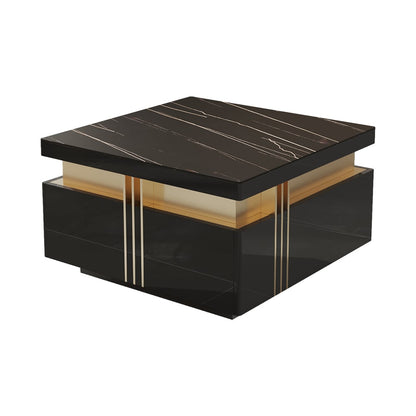 Trimied 700mm Modern Black Square Storage Coffee Table Stone Top & 4 Wood Drawers - 