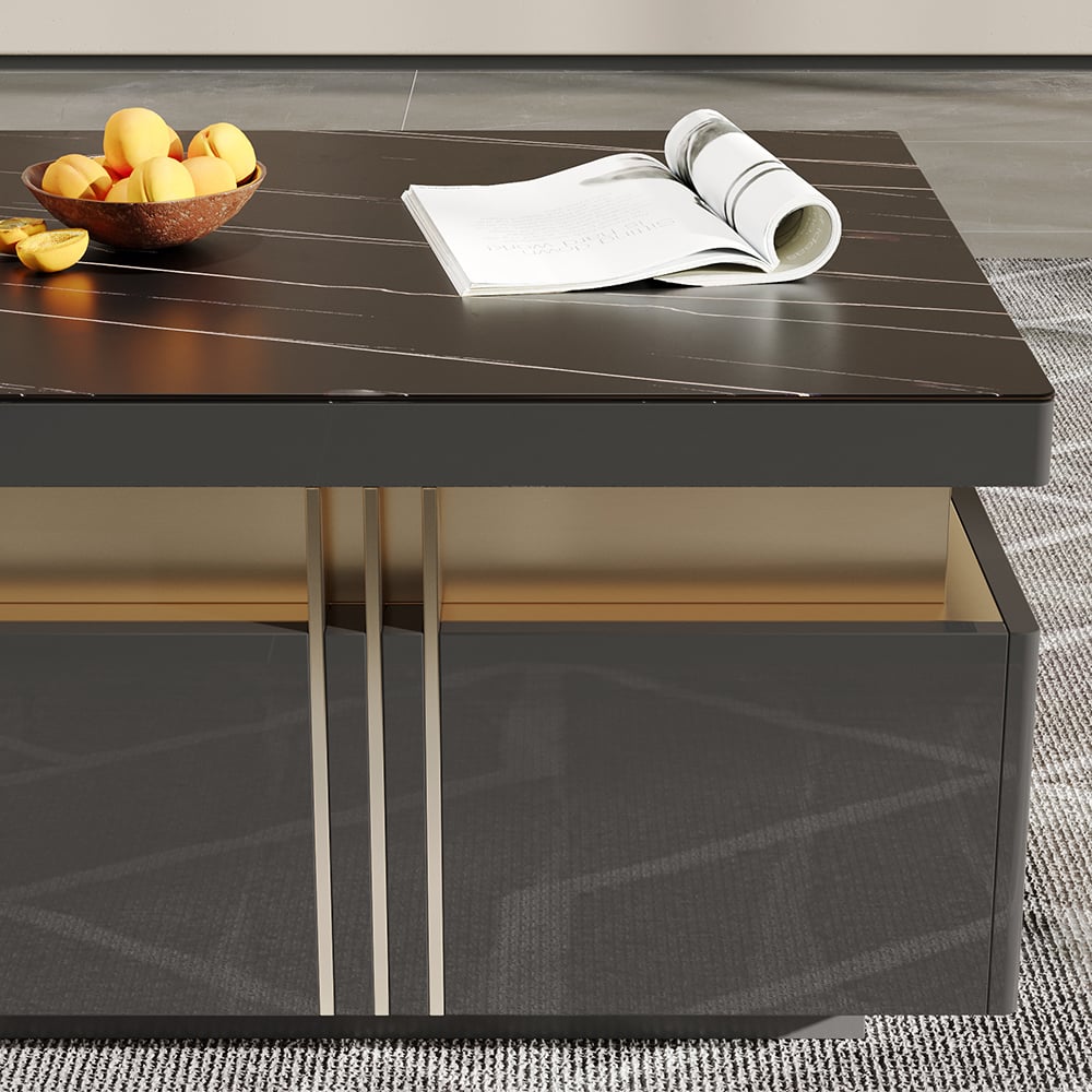 Trimied 700mm Modern Black Square Storage Coffee Table Stone Top & 4 Wood Drawers - 