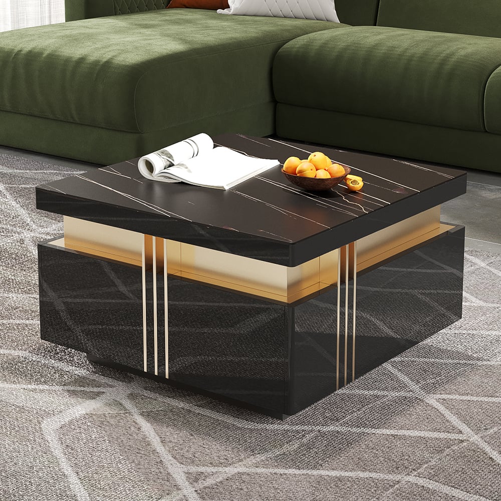 Trimied 700mm Modern Black Square Storage Coffee Table Stone Top & 4 Wood Drawers - Homary
