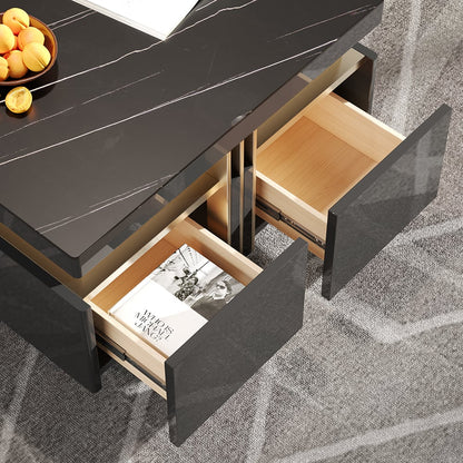 Trimied 700mm Modern Black Square Storage Coffee Table Stone Top & 4 Wood Drawers - Homary