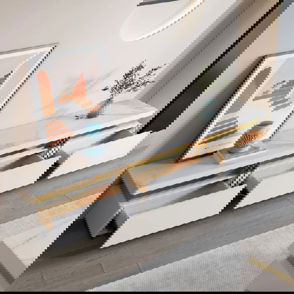 Trimied White TV Stand Sintered Stone Media Console 3Drawers Storage for TV Up to 2159mm - 