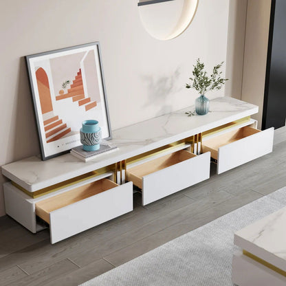 Trimied White TV Stand Sintered Stone Media Console 3Drawers Storage for TV Up to 2159mm - 