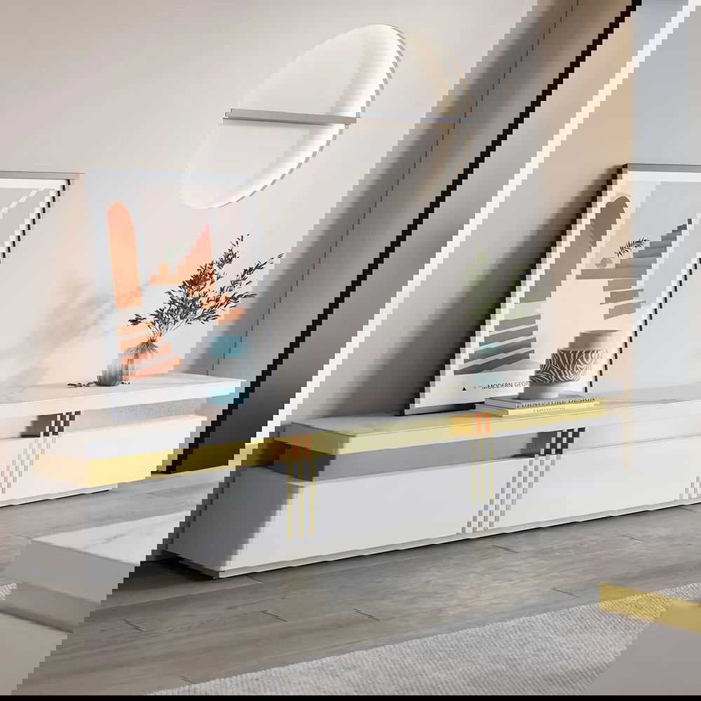 Trimied White TV Stand Sintered Stone Media Console 3Drawers Storage for TV Up to 2159mm - 