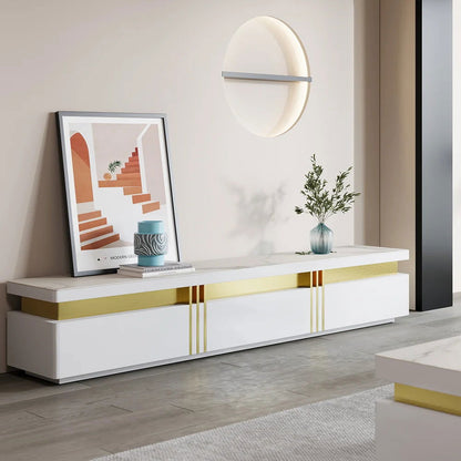 Trimied White TV Stand Sintered Stone Media Console 3Drawers Storage for TV Up to 2159mm - 