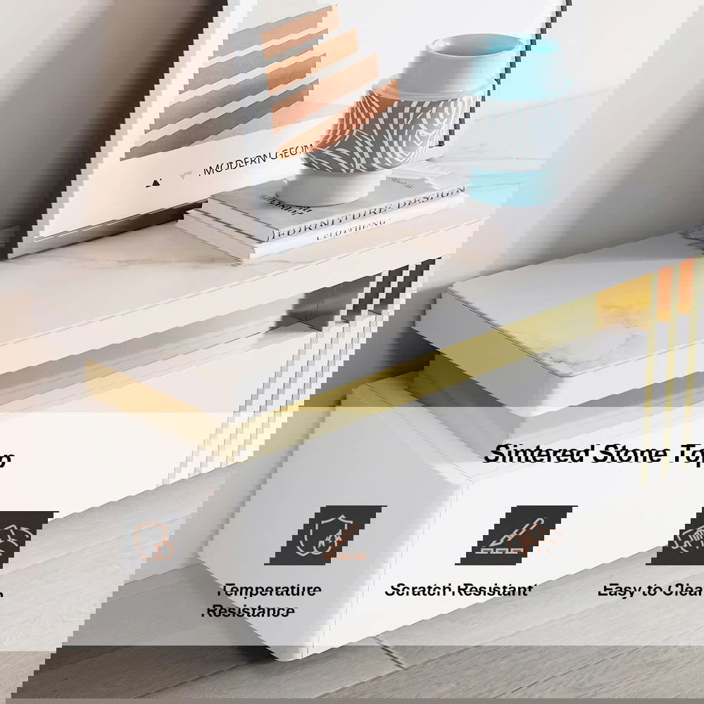 Trimied White TV Stand Sintered Stone Media Console 3Drawers Storage for TV Up to 2159mm - 