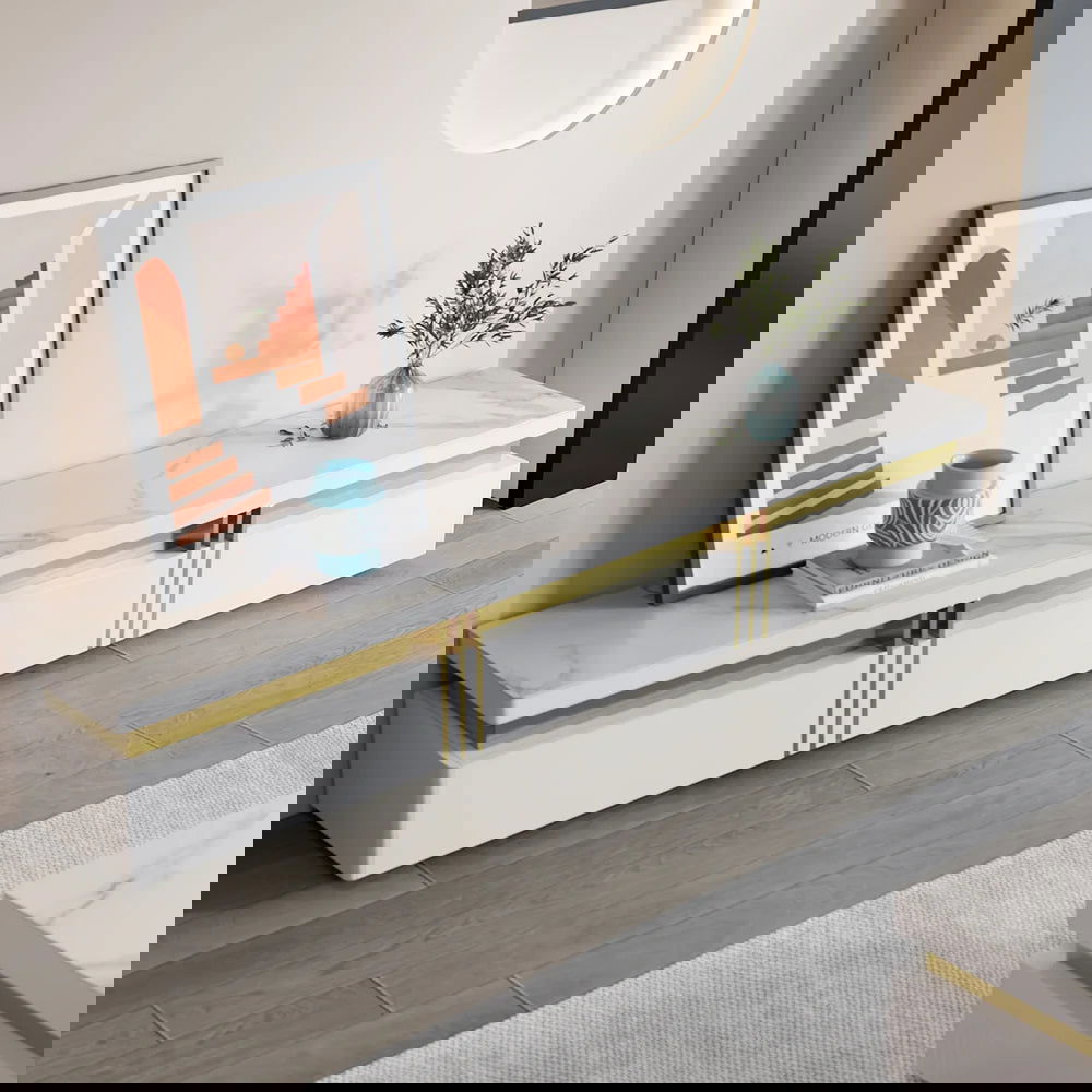 Trimied White TV Stand Sintered Stone Media Console 3Drawers Storage for TV Up to 2159mm - 