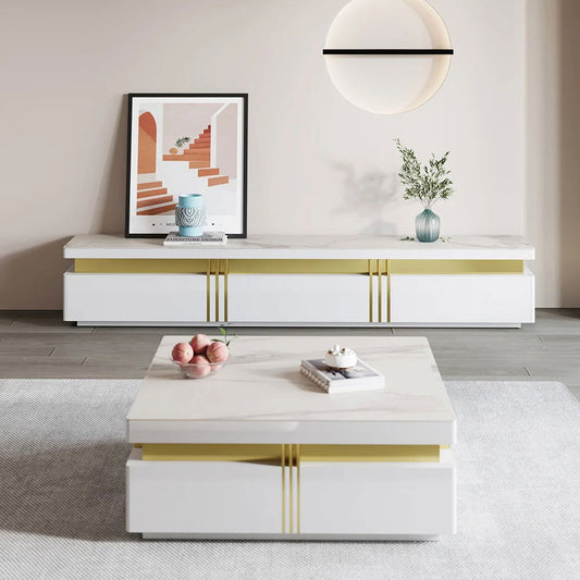 Trimied White TV Stand Sintered Stone Media Console 3Drawers Storage for TV Up to 2159mm - Homary