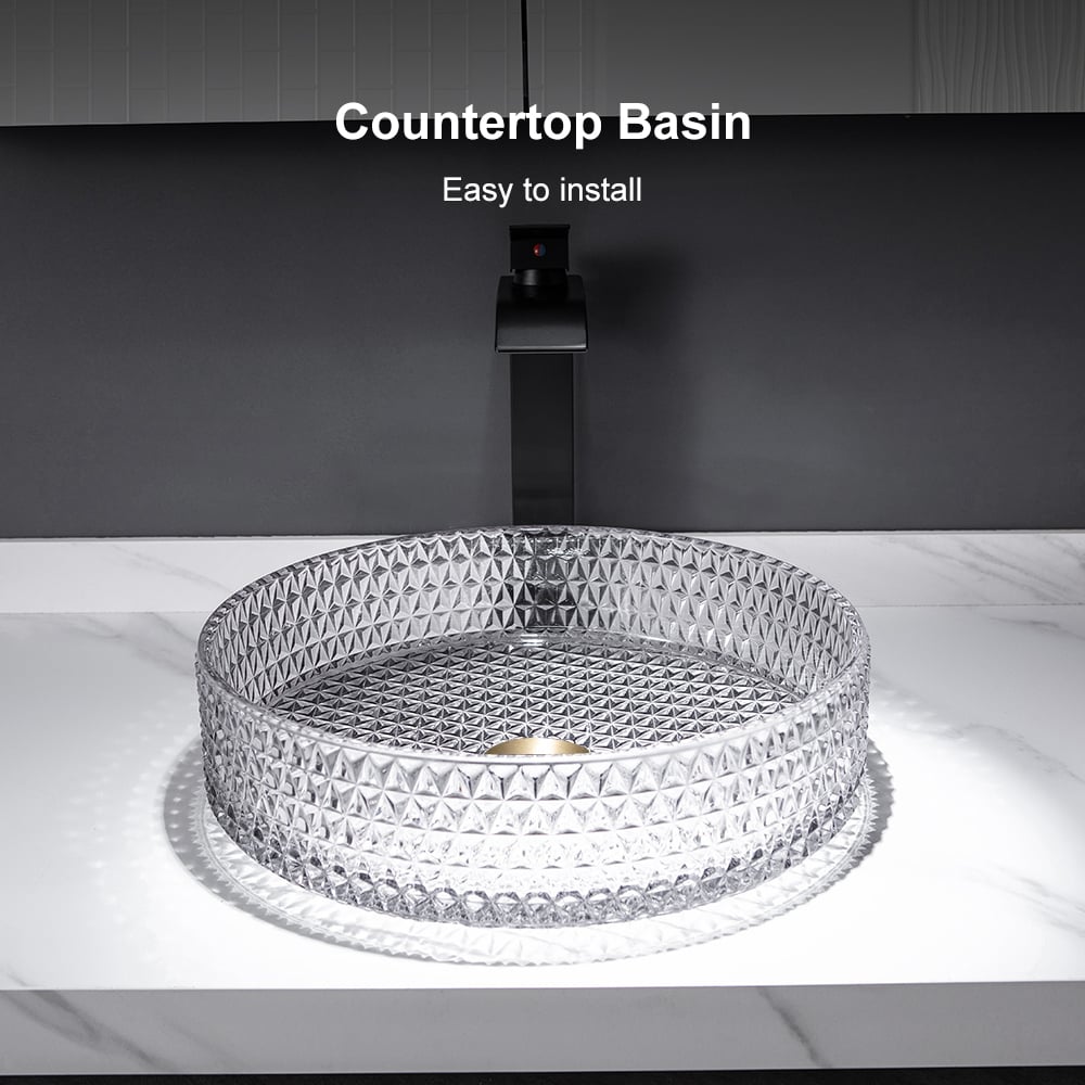 Vessel Transparent Diamond Shaped Crystal Glass Bathroom Wash Sink - 
