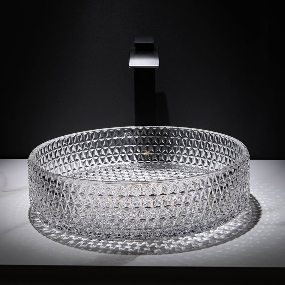 Vessel Transparent Diamond Shaped Crystal Glass Bathroom Wash Sink - 