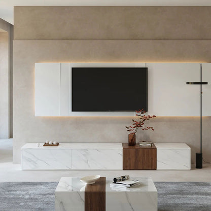 Vewal Modern Wood Block TV Stand Marble & Walnut Veneer in White with 4 Drawers - 