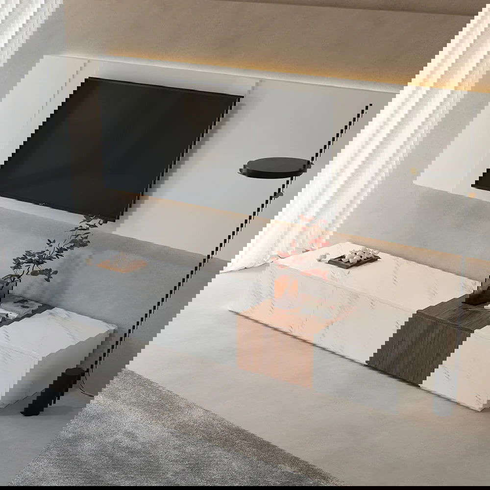 Vewal Modern Wood Block TV Stand Marble & Walnut Veneer in White with 4 Drawers - 