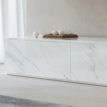 Vewal Modern Wood Block TV Stand Marble & Walnut Veneer in White with 4 Drawers - 