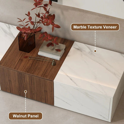 Vewal Modern Wood Block TV Stand Marble & Walnut Veneer in White with 4 Drawers - Homary