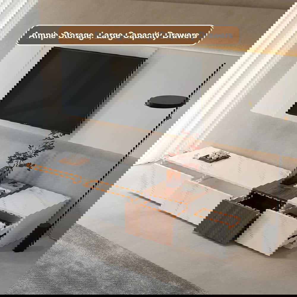 Vewal Modern Wood Block TV Stand Marble & Walnut Veneer in White with 4 Drawers - Homary