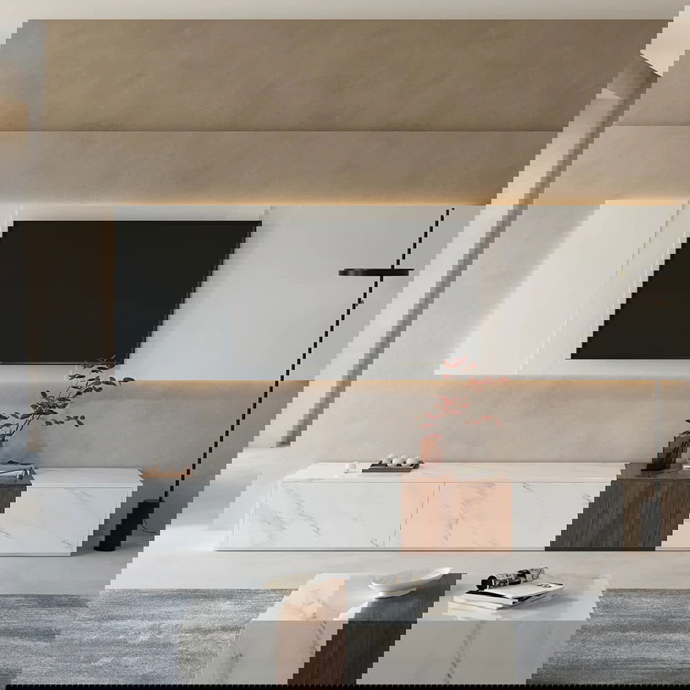 Vewal Modern Wood Block TV Stand Marble & Walnut Veneer in White with 4 Drawers - Homary