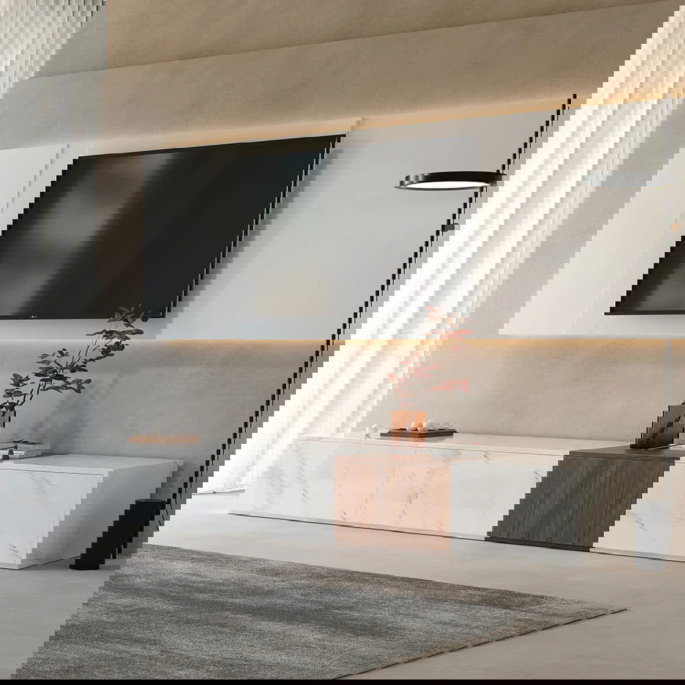 Vewal Modern Wood Block TV Stand Marble & Walnut Veneer in White with 4 Drawers - Homary