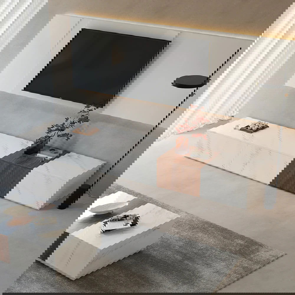 Vewal Modern Wood Block TV Stand Marble & Walnut Veneer in White with 4 Drawers - Homary