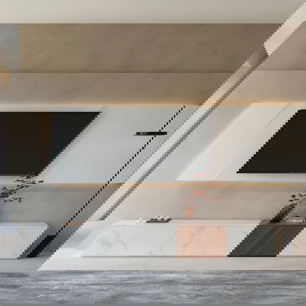 Vewal Modern Wood Block TV Stand Marble & Walnut Veneer in White with 4 Drawers - Homary