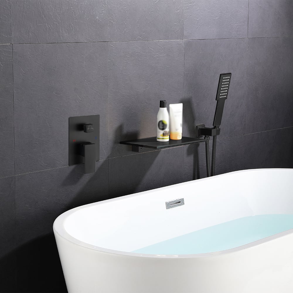 Wall Mount Bath Tap Solid Brass Single Lever Handle in Black - Homary