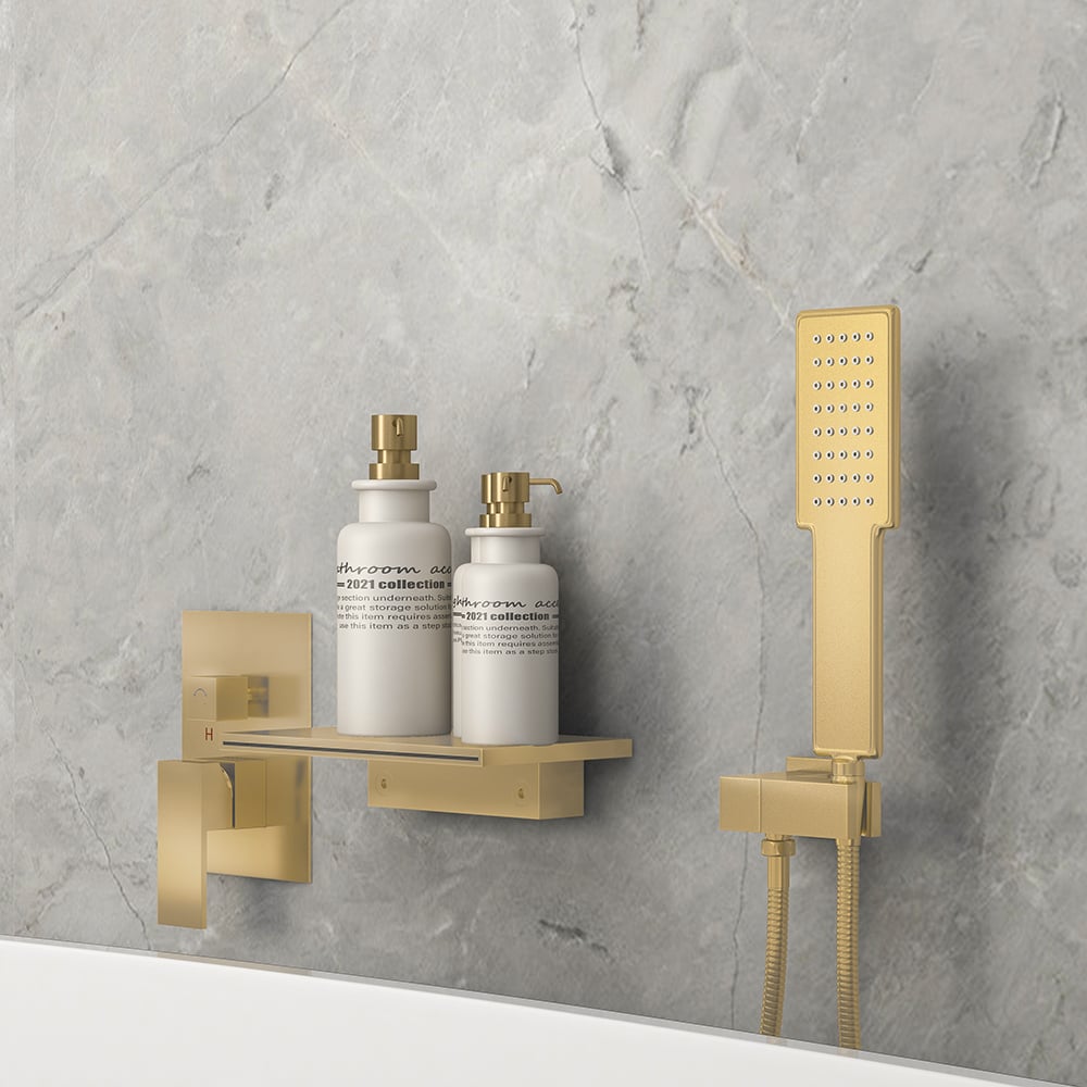 Wall Mount Bath Tap Solid Brass Single Lever Handle in Brushed Gold - 