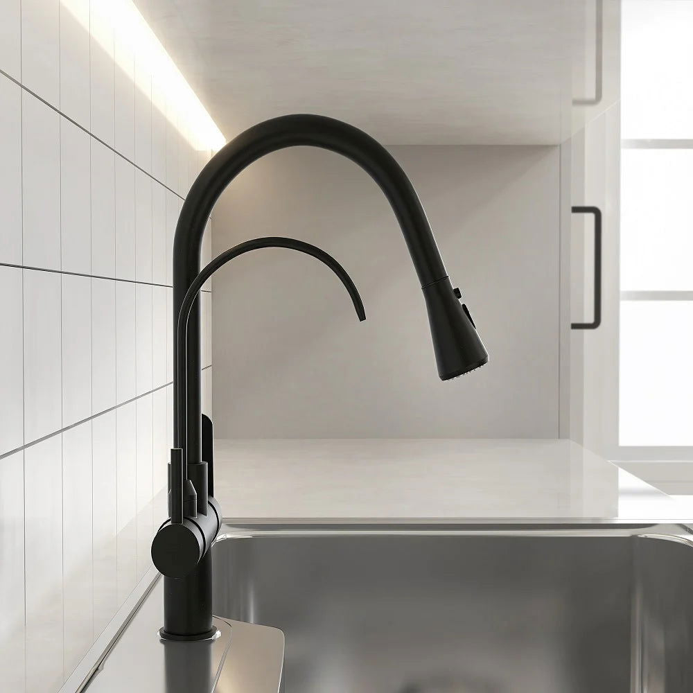 Water Filter Kitchen Faucet Pull Out Faucet in Matte Black Swirling Faucet Solid Brass - 
