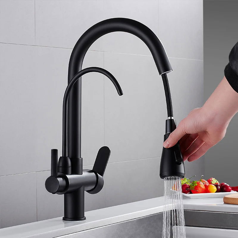 Water Filter Kitchen Faucet Pull Out Faucet in Matte Black Swirling Faucet Solid Brass - 