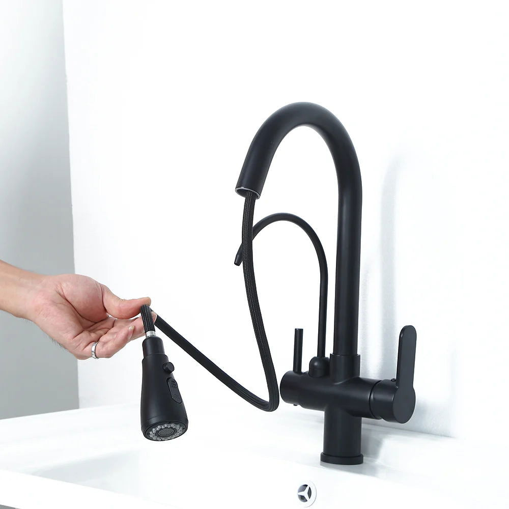 Water Filter Kitchen Faucet Pull Out Faucet in Matte Black Swirling Faucet Solid Brass - 