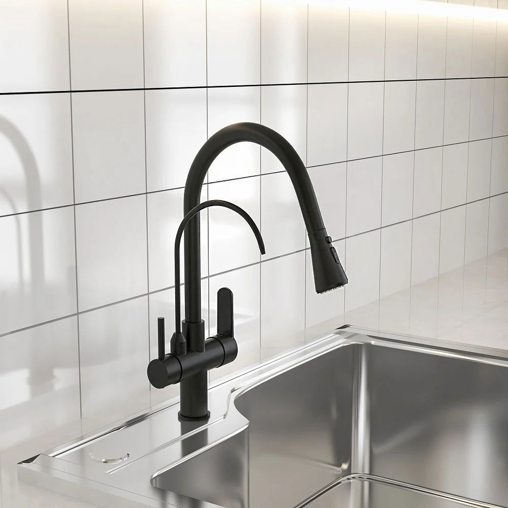 Water Filter Kitchen Faucet Pull Out Faucet in Matte Black Swirling Faucet Solid Brass - 