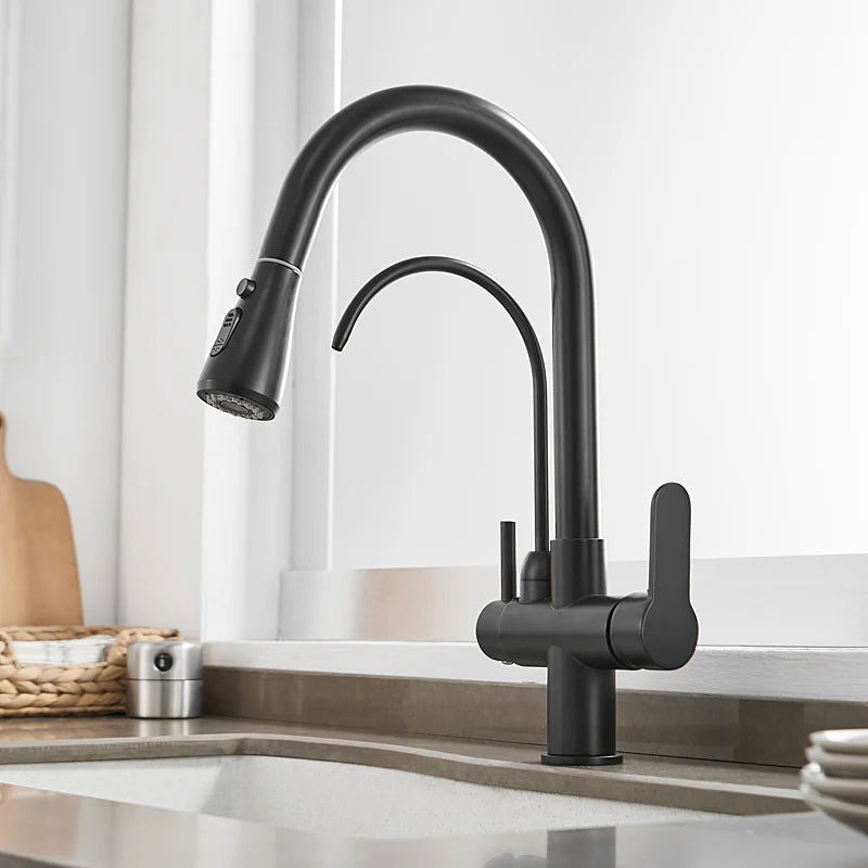 Water Filter Kitchen Faucet Pull Out Faucet in Matte Black Swirling Faucet Solid Brass - Homary