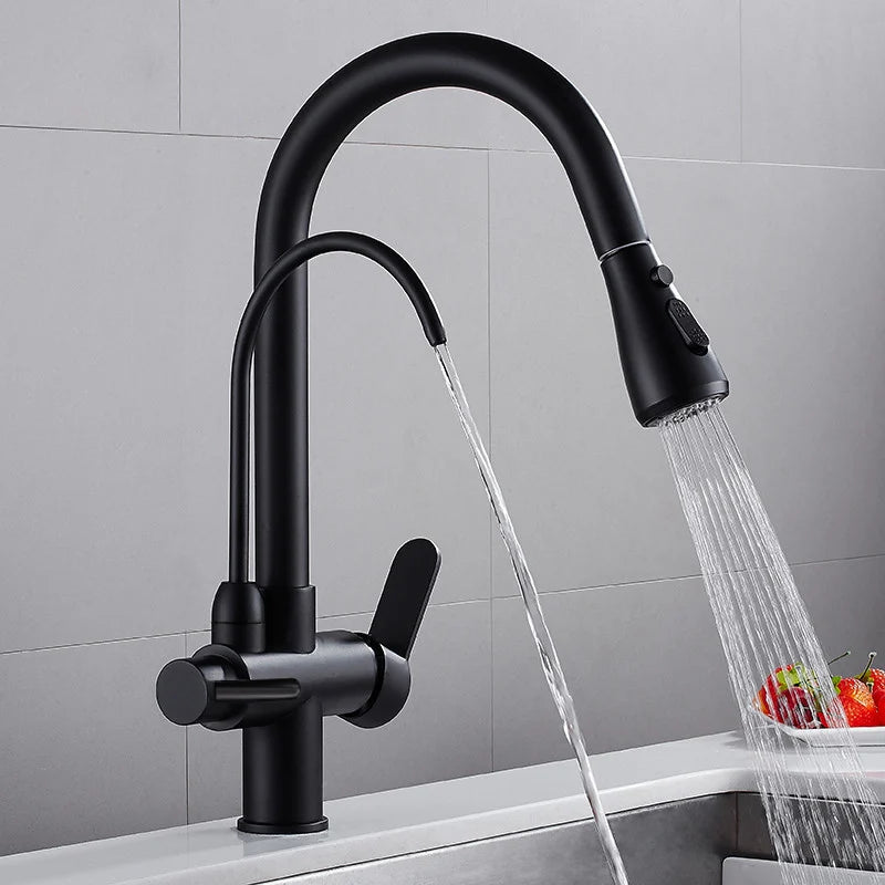Water Filter Kitchen Faucet Pull Out Faucet in Matte Black Swirling Faucet Solid Brass - Homary