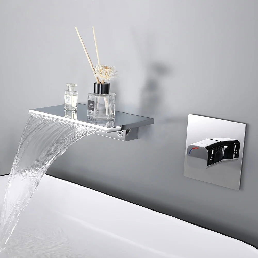 Waterfall Wall Mount Chrome Single Lever Handle Bathroom Basin Tap Solid Brass - Homary