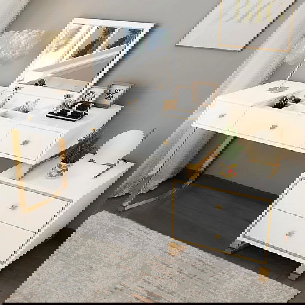 White 2-in-1 Makeup Vanity with Flip Top Mirror & 4 Drawers Modern Writing Table - 