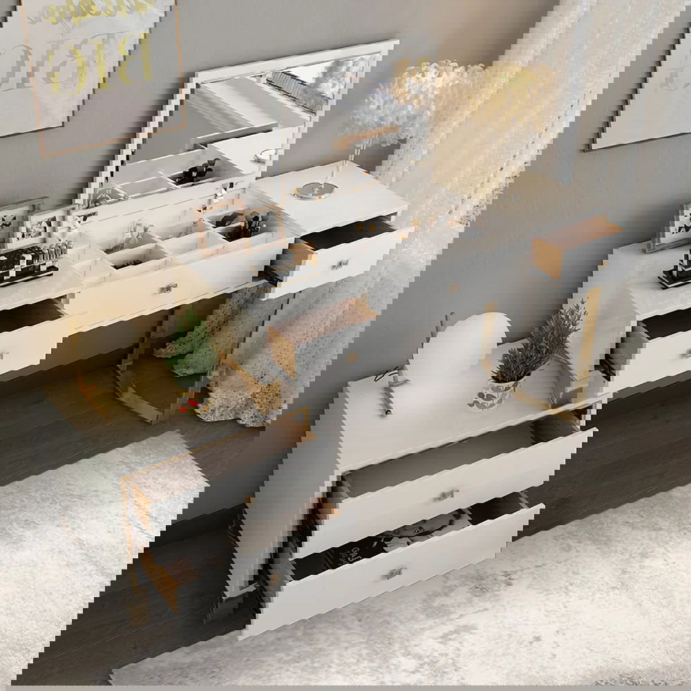 White 2-in-1 Makeup Vanity with Flip Top Mirror & 4 Drawers Modern Writing Table - 