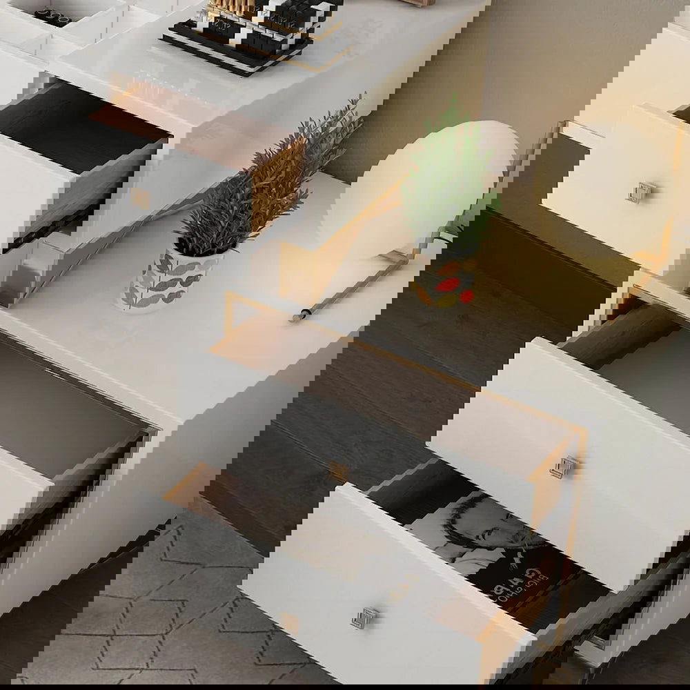 White 2-in-1 Makeup Vanity with Flip Top Mirror & 4 Drawers Modern Writing Table - 