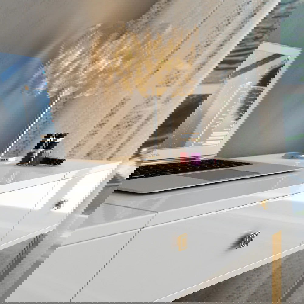 White 2-in-1 Makeup Vanity with Flip Top Mirror & 4 Drawers Modern Writing Table - Homary