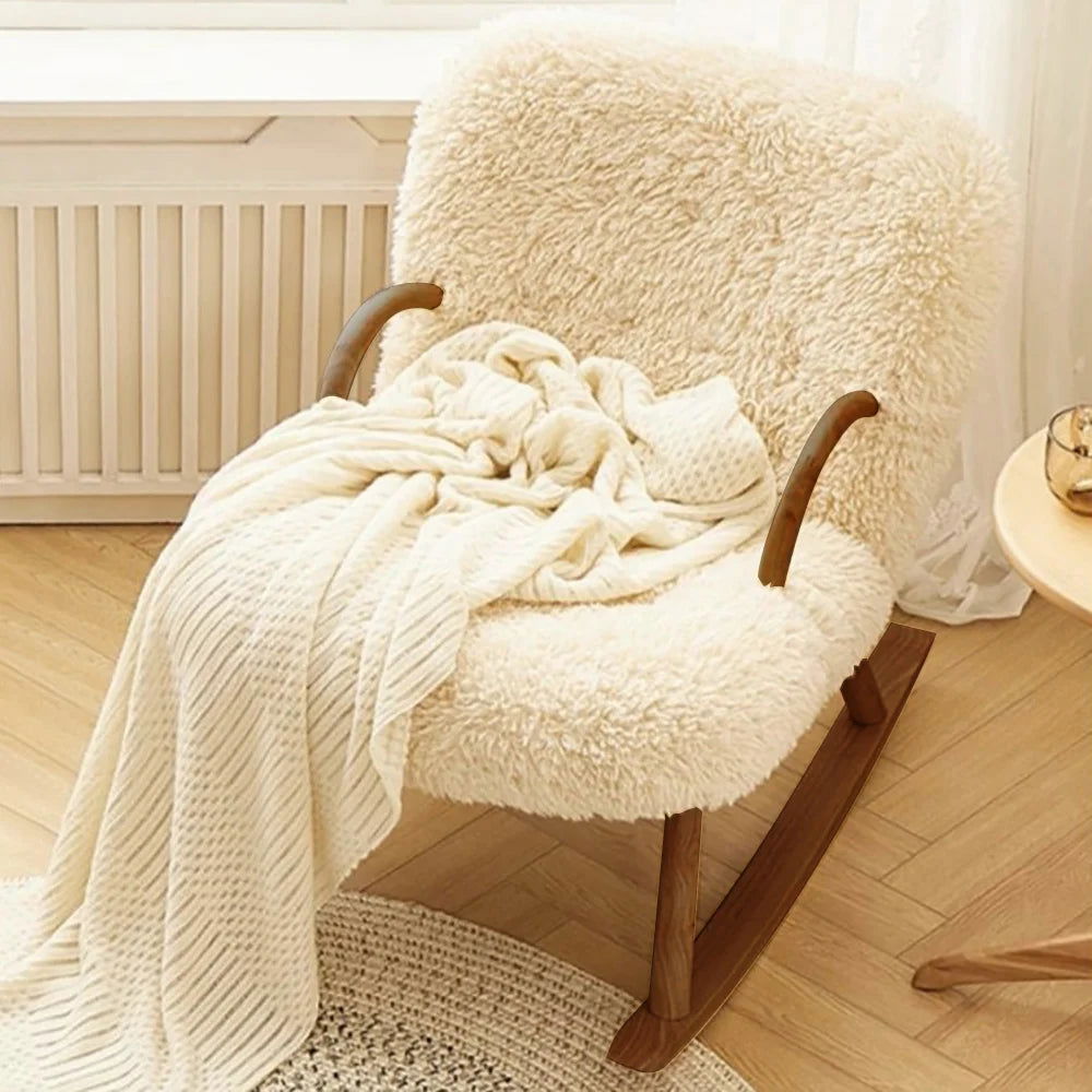 White Boucle Upholstery Rocking Chair Solid Wood Accent Chair in Walnut - Homary