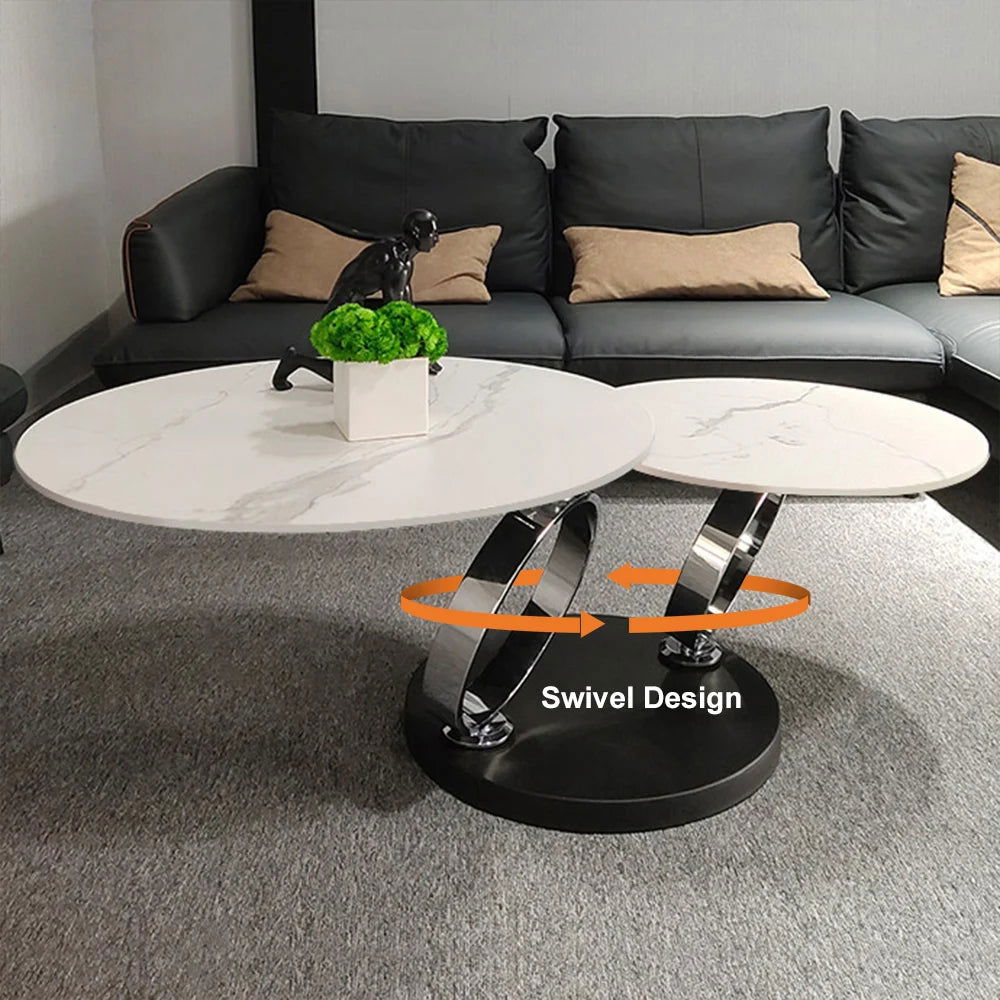White Extendable Coffee Table with Ring-shaped Metal Pedestal - 
