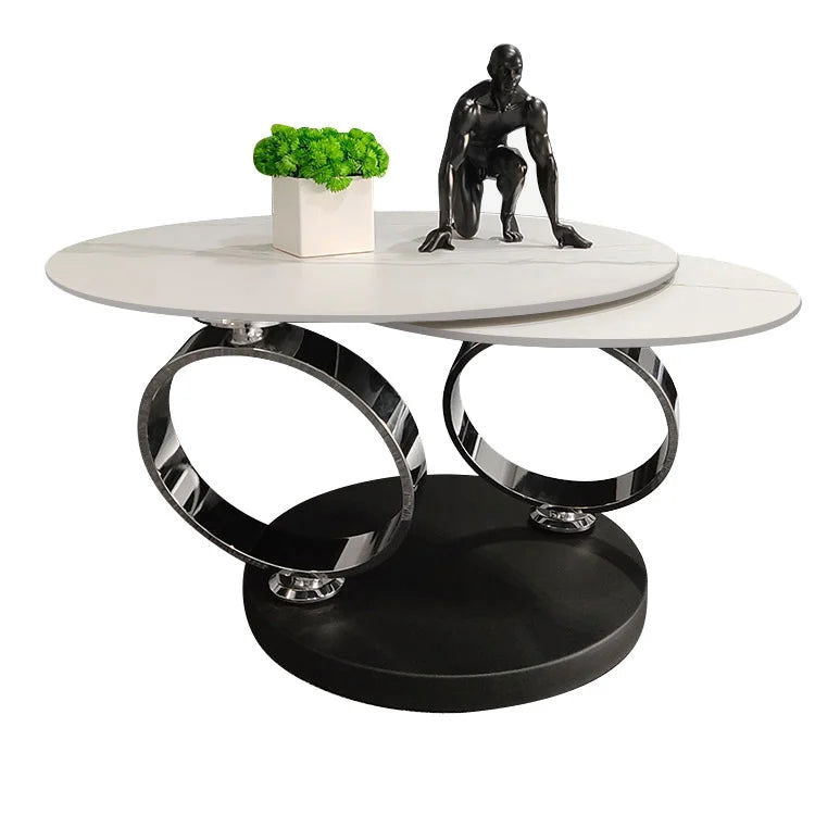 White Extendable Coffee Table with Ring-shaped Metal Pedestal - 