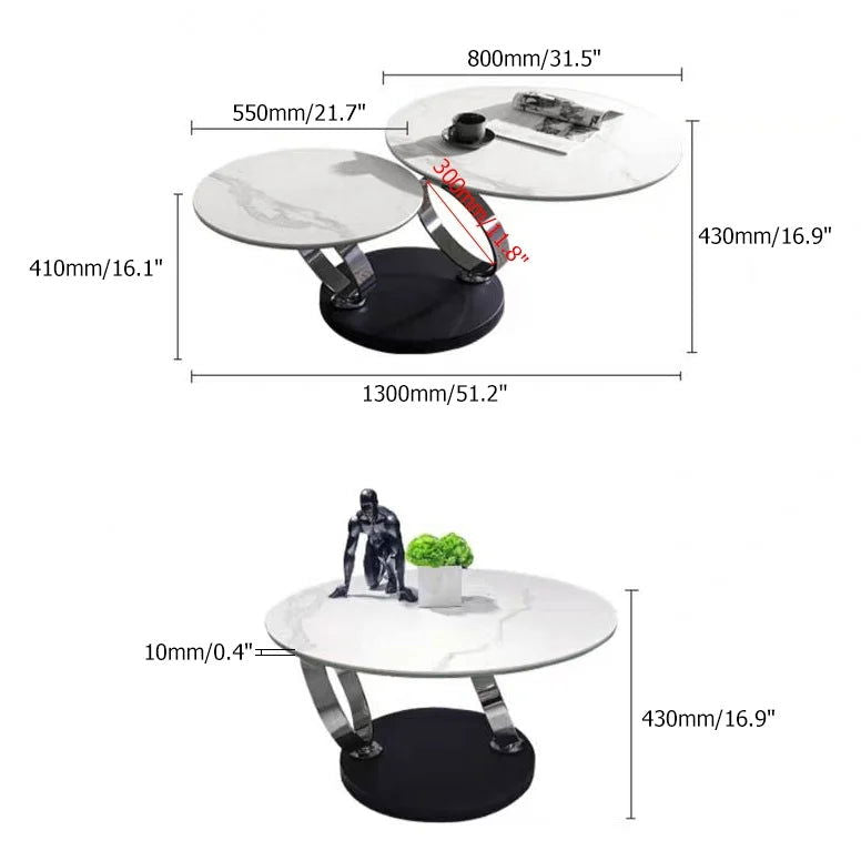 White Extendable Coffee Table with Ring-shaped Metal Pedestal - 
