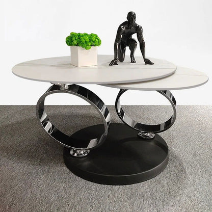 White Extendable Coffee Table with Ring-shaped Metal Pedestal - 