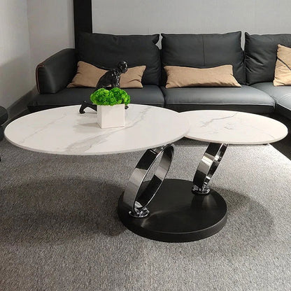 White Extendable Coffee Table with Ring-shaped Metal Pedestal - 
