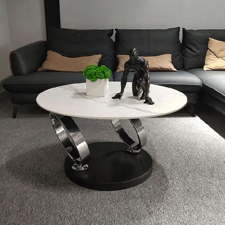 White Extendable Coffee Table with Ring-shaped Metal Pedestal - Homary