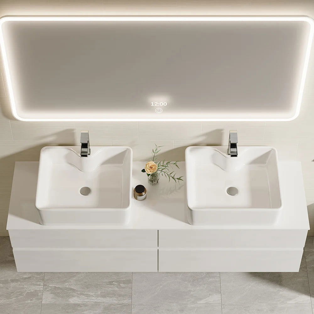White Floating Bathroom Vanity Set with Faux Marble Top & Ceramic Countertop Basin - 