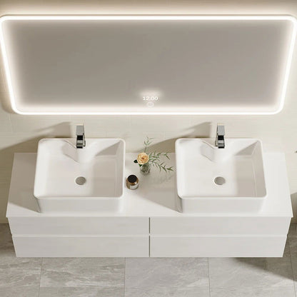 White Floating Bathroom Vanity Set with Faux Marble Top & Ceramic Countertop Basin - 