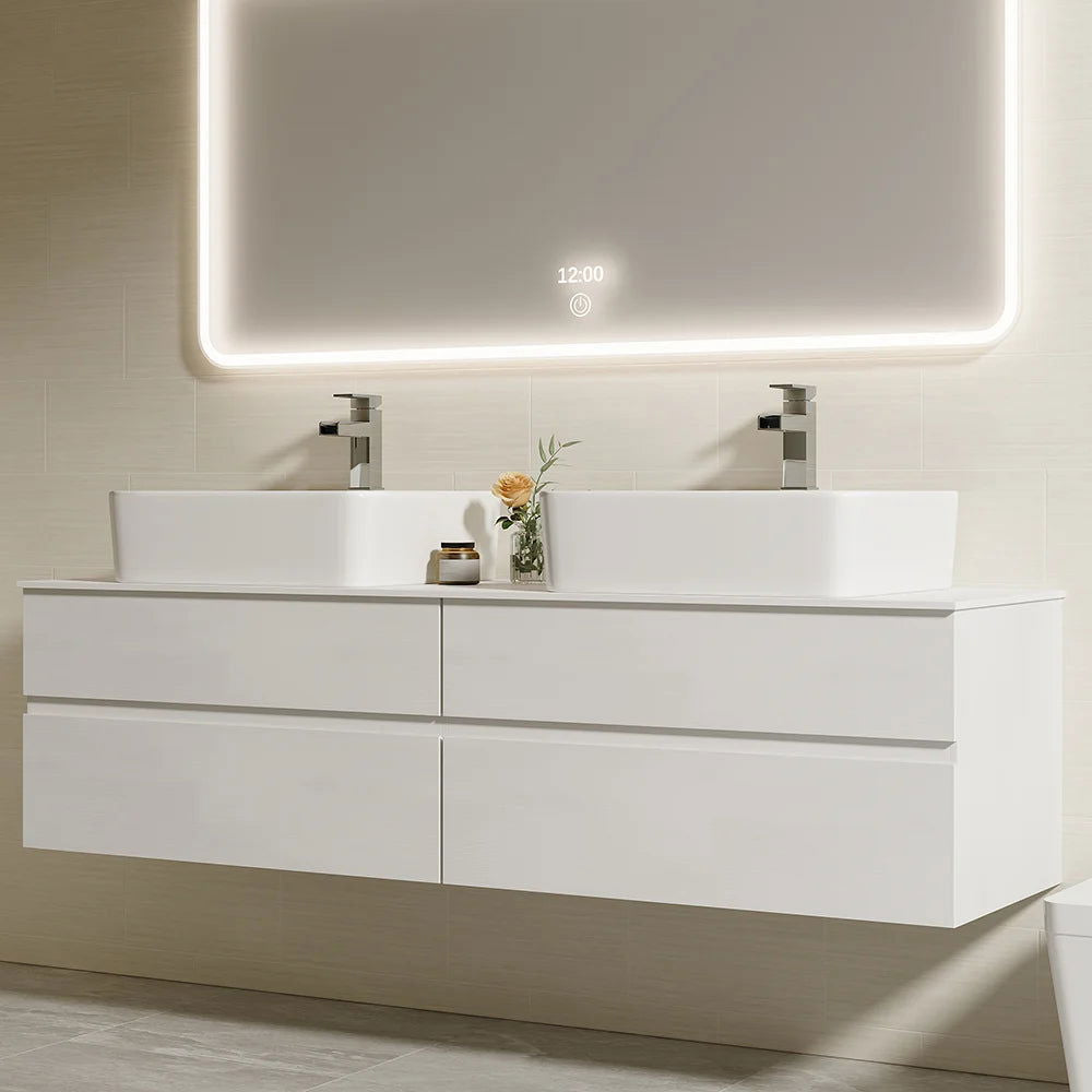 White Floating Bathroom Vanity Set with Faux Marble Top & Ceramic Countertop Basin - 