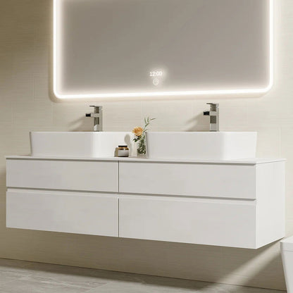 White Floating Bathroom Vanity Set with Faux Marble Top & Ceramic Countertop Basin - 