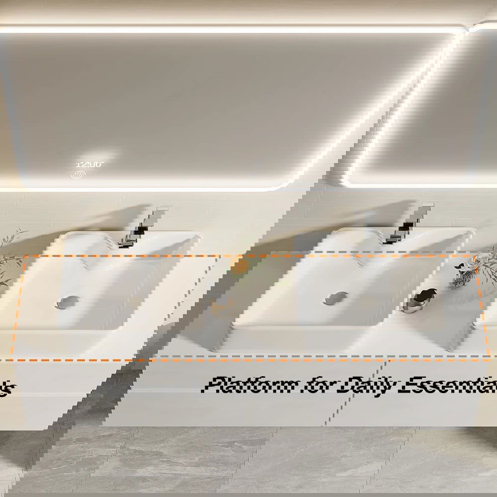 White Floating Bathroom Vanity Set with Faux Marble Top & Ceramic Countertop Basin - 