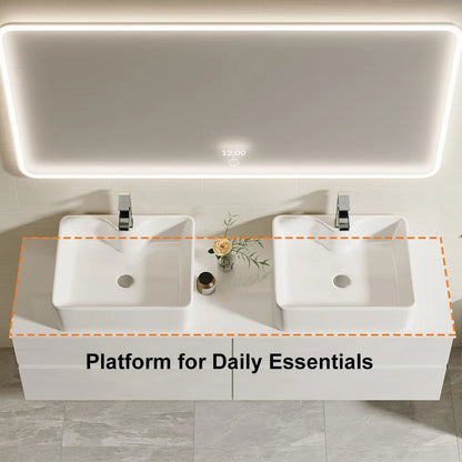 White Floating Bathroom Vanity Set with Faux Marble Top & Ceramic Countertop Basin - 