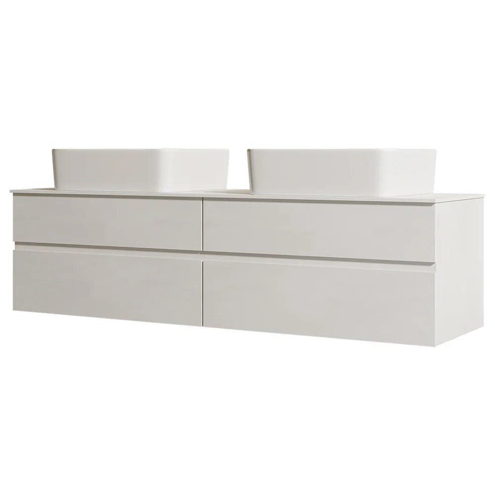 White Floating Bathroom Vanity Set with Faux Marble Top & Ceramic Countertop Basin - 
